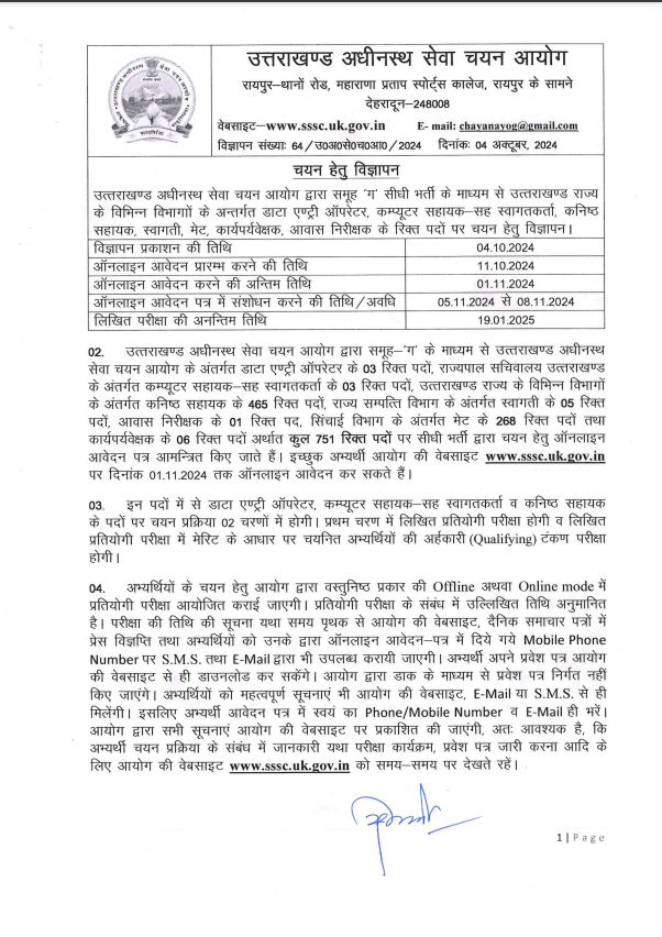 UKSSSC Recruitment Apply Fast for 751 Posts